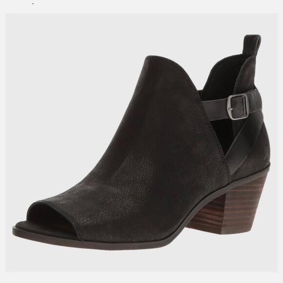 Lucky Brand 'Banu' Women's 6.5 Leather Open Toe Buckle Bootie Black Nubuck - Picture 1 of 10